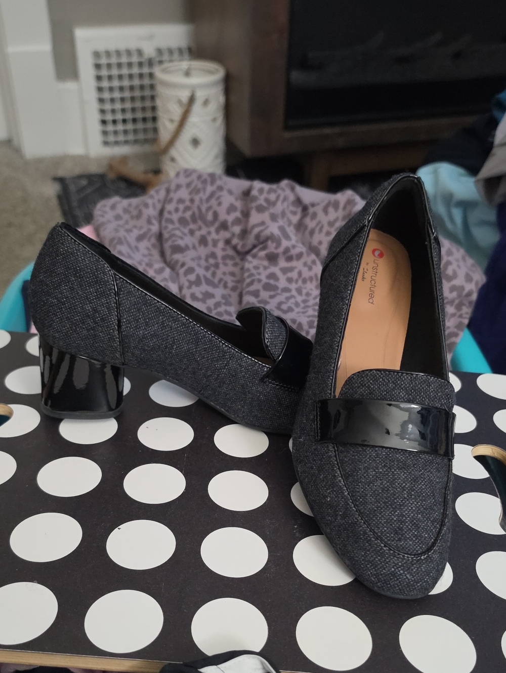 Clarks Charcoal Gray Textured Block Heel Loafers with Patent Strap